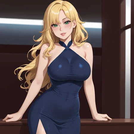 <lora:bishoujofreddy_pony_v1:.8>  BishoujoFreddy, 1girl, solo, blonde hair, large breasts, long hair,makeup, green eyes,   mole, eyeshadow, cowboy shot,  <lora:0932 Home wear 9_v1_pony:1> ruanyi0932,blue dress,halter dress,sleeveless,cowboy shot,taut dress,skin tight,long dress