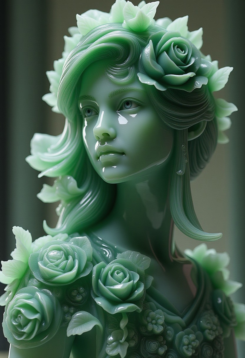 jade, a jade made beautiful girl, rose petals, rrp, wearing a jade petals made clothes, epic fantasy