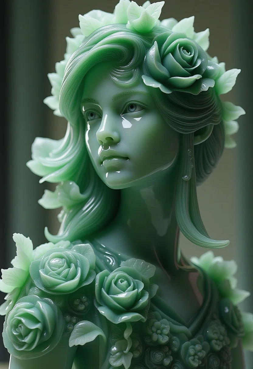 jade, a jade made beautiful girl, rose petals, rrp, wearing a jade petals made clothes, epic fantasy