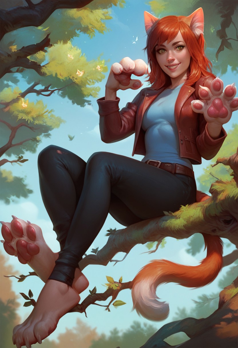 score_9, score_8_up, score_8_up, 1girl, a branch of a tree, ((girl sitting on a branch)), cat tail, solo, full body, cat hands, cat face, office pants and jacket, transformation, background tree, (worm's-eye_view), ((looking_at_viewer)), realistic, ((dutch_angle))