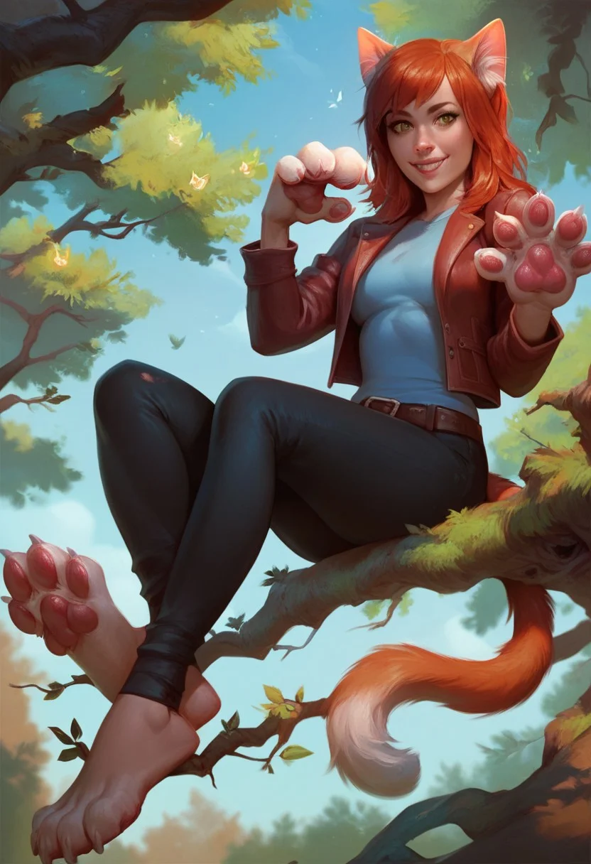 score_9, score_8_up, score_8_up, 1girl, a branch of a tree, ((girl sitting on a branch)), cat tail, solo, full body, cat hands, cat face, office pants and jacket, transformation, background tree, (worm's-eye_view), ((looking_at_viewer)), realistic, ((dutch_angle))