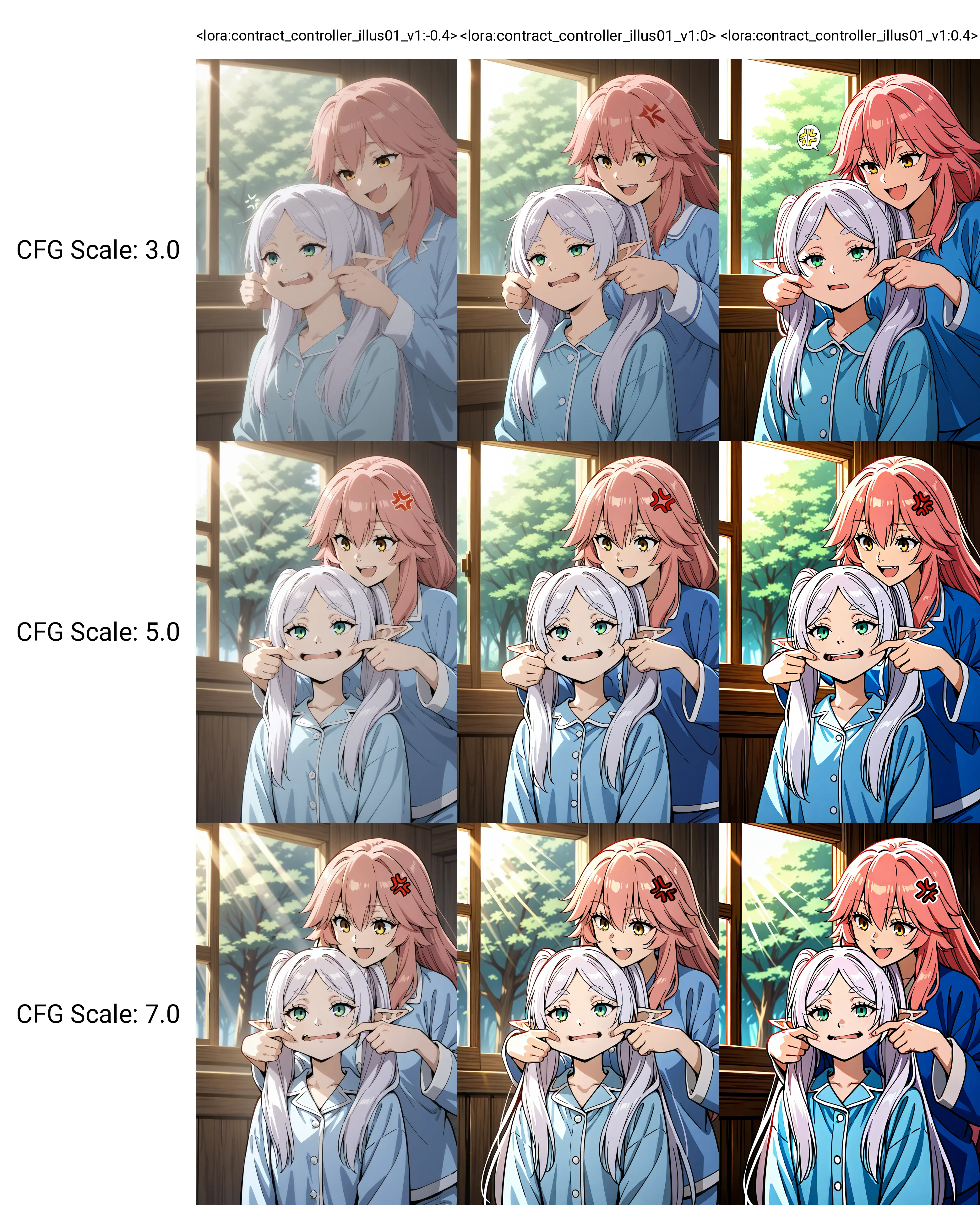 <lora:contract_controller_illus01_v1:-0.4>2girls,tamamo \(fate\),pink hair,smile,yellow eyes,frieren,white hair,green eyes,anger vein,upper body,open mouth,blue pajamas,cheek pull,indoors,sunlight,tree,masterpiece,