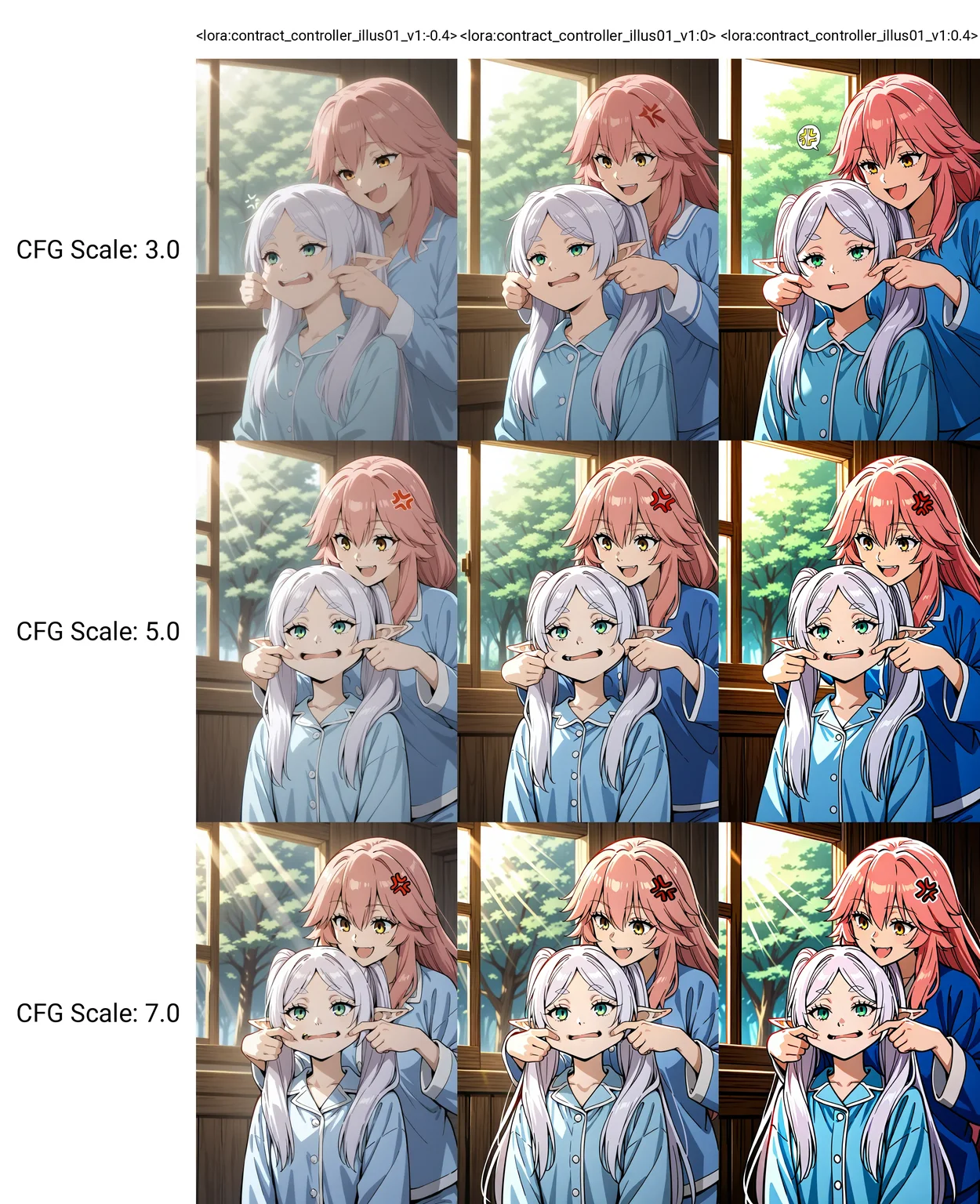 <lora:contract_controller_illus01_v1:-0.4>2girls,tamamo \(fate\),pink hair,smile,yellow eyes,frieren,white hair,green eyes,anger vein,upper body,open mouth,blue pajamas,cheek pull,indoors,sunlight,tree,masterpiece,