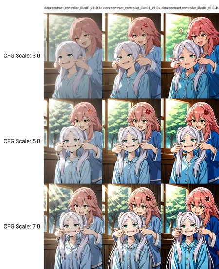 <lora:contract_controller_illus01_v1:-0.4>2girls,tamamo \(fate\),pink hair,smile,yellow eyes,frieren,white hair,green eyes,anger vein,upper body,open mouth,blue pajamas,cheek pull,indoors,sunlight,tree,masterpiece,