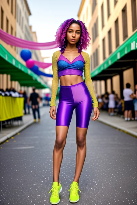 <lora:LCM_LoRA_Weights_SD15:1>,A 25yo old Woman italian, light  skin,(wears a create powerful and varying colors patterns Wine Criss Cross Crochet Trimming and Wren,bike shorts,b1k3r5h0rt5,navel, (Mesh top),shoes),<lora:b1k3r5h0rt5-v3:0.7>,action Spectator Seating, Lively street lined with rows of folding chairs, people waving flags and balloons, vendors selling popcorn and cotton candy from carts, colorful banners fluttering in the breeze, families gathering with blankets and picnic baskets,adjusting hair,(full body:1.4),(full shot:1.4),(full body shot:1.4),,,, (highly detailed skin with hairs:1.1),(detailed skin:1.1),detailed face,(detailed eyes:1.1),very high intricate detailing,sharp focus,Masterpiece,best quality,photo,realistic,very aesthetic,