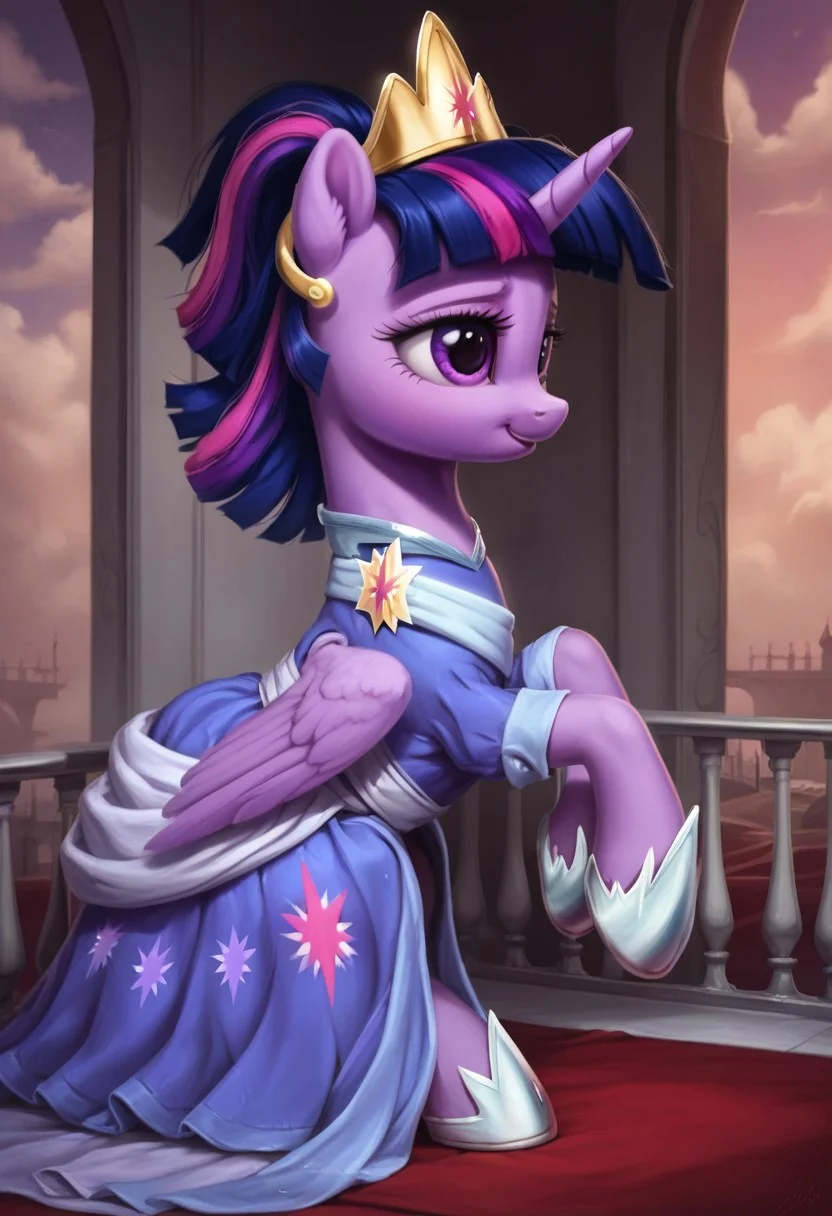 my little pony, ((feral pony)),Twilight_sparkle
<lora:second_coronation_dress_Twilight_sparkle:1> pony, a long elegant lilac dress with white and blue elements, blue shoes, a gold crown with a star in the middle
score_9, score_8_up, score_7_up, score_6_up, score_5_up, score_4_up, rating_safe, an abandoned castle-like building, the room is in semi-darkness and pierced by rays of light shining through the high arched window openings, a wide staircase leading upwards to the altar, the staircase is decorated with an elegant baluster railing. Everything is covered with layers of dust and covered with vegetation,, mlp (( pony, little, )), (high quality, detailed, beautiful), shiny, adorable face, detailed beautiful eyes, realistic, outstanding, contrast, detailed soft lighting, fluff in ears, ((pony,)), (high quality, detailed, beautiful), shiny, adorable face, detailed beautiful eyes, realistic, outstanding, contrast, detailed soft lighting, fluff in ears, cinematic vintage photography,