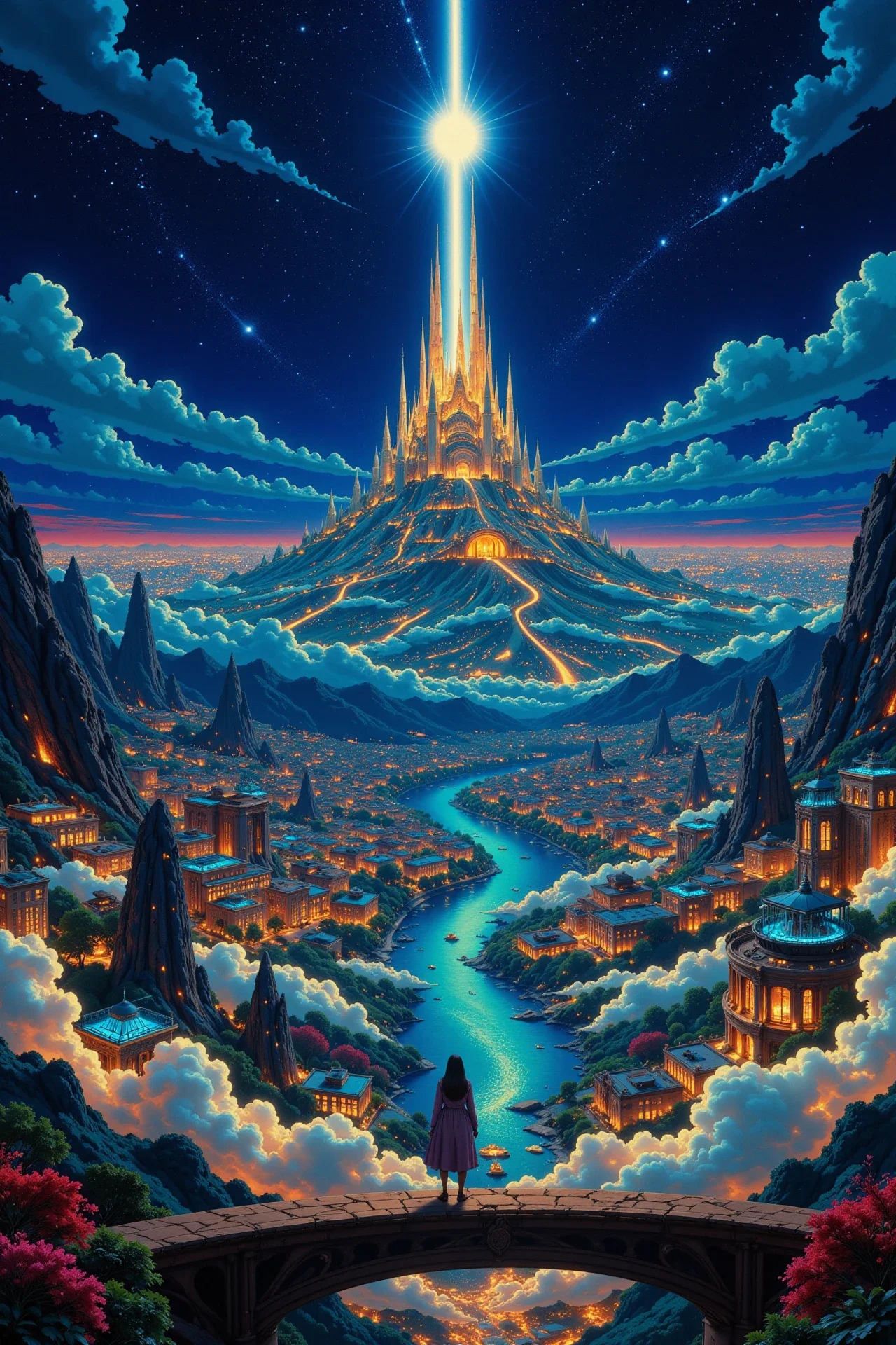 a futuristic city in the clouds beautiful  landscape, bright luminous starry night, woman, very intricate, very detailed, sharp, bright, colorful, <lora:Hand v2:0.5> <lora:Anti-Blur:1><lora:Insane Detail Slider:0.25>  <lora:flux.1_lora_flyway_Epic-detail_v2:0.3> <lora:fluxenhancer:0.25> <lora:Anime_style:0.6> anime style