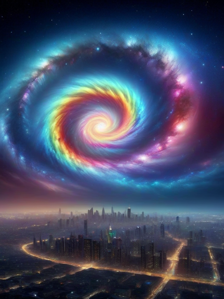 galaxy, (masterpiece), (extremely intricate:1.3), (realistic),a scene of a city at night, in the sky a rainbow spiral galaxy, dark scene, realistic, 4k, masterpiece