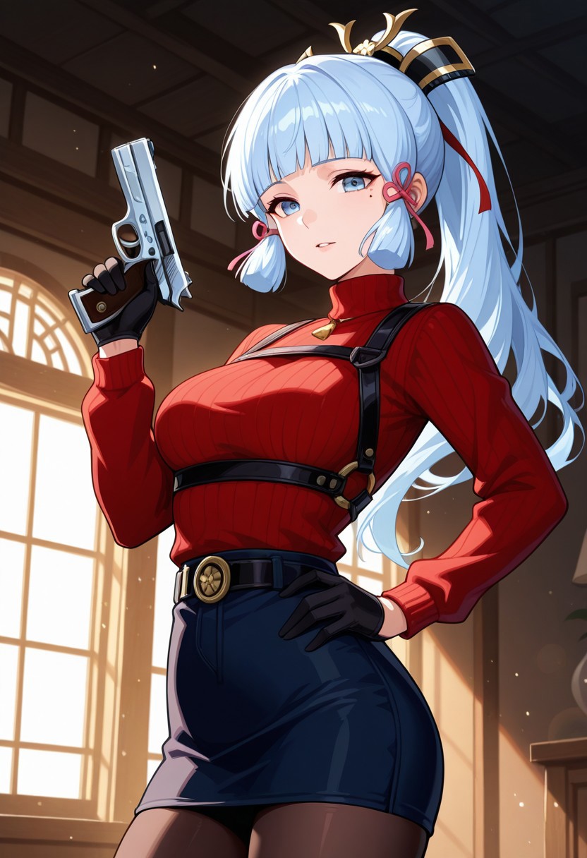 masterpiece, best quality, 4k, expressive eyes, perfect face, high detail, bloom, lens flare, godrays, post processing, cinematic lighting, volumetric lighting,  solo, basekamiaya, light blue hair, blue eyes, blunt bangs, mole under eye, ponytail, long hair, hair ornament, hair ribbon,  mature female,  medium breasts,red sweater, turtleneck, harness, pantyhose, black gloves, belt, standing, looking at viewer, parted lips, indoors, handgun, holding gun, hand up, trigger discipline, hand on hip