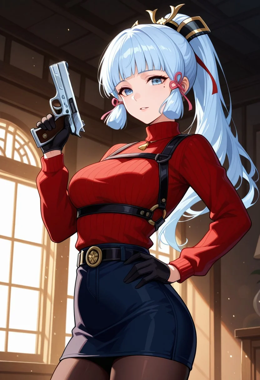 masterpiece, best quality, 4k, expressive eyes, perfect face, high detail, bloom, lens flare, godrays, post processing, cinematic lighting, volumetric lighting, solo, basekamiaya, light blue hair, blue eyes, blunt bangs, mole under eye, ponytail, long hair, hair ornament, hair ribbon, mature female, medium breasts,red sweater, turtleneck, harness, pantyhose, black gloves, belt, standing, looking at viewer, parted lips, indoors, handgun, holding gun, hand up, trigger discipline, hand on hip