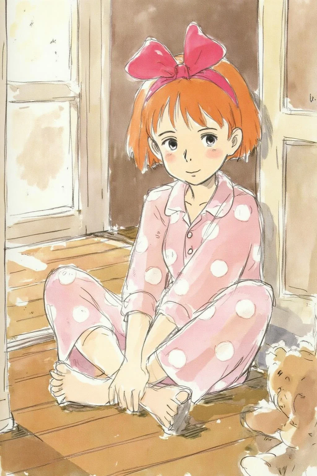 hayaomiyazaki2 illustration.
Kiki, fiery-orange cropped hair, oversized fuchsia bow, pink polka-dot pyjamas, perched cross-legged, hands on ankles. Intimate low-angle, tight shot, sharp focus: expressive eyes. Polished wooden floor. Crewdson-esque cinematic staging; ethereal backlighting, shallow depth of field. Warm, desaturated pastels: dusty rose, apricot. Soft diffused side-light, golden hour glow. Textures: soft flannel, lustrous satin. Quiet introspection, dreamlike stillness, childhood wistfulness. Subtle dust motes in light; blurred vintage teddy bear, frame's edge. <lora:hayaomiyazaki2_cap_d8a4:1.0><lora:861100385740309613:0>