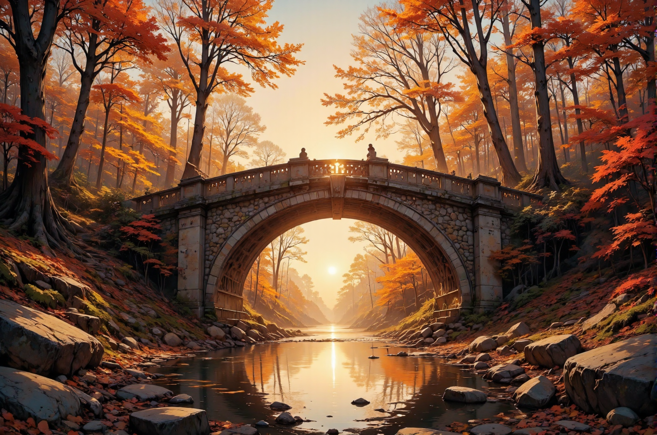 This photograph captures a serene autumn landscape dominated by a rustic stone bridge arching over a tranquil stream. The bridge, constructed from large, weathered stones, spans the width of the image, with a reflective water surface below it mirroring the warm, golden hues of the setting sun. The sun, partially obscured by the dense foliage of tall trees, casts a warm, amber glow across the scene, illuminating the vibrant autumn colors. The trees, mostly bare, display a mix of fiery reds, deep oranges, and golden yellows, with a few leaves clinging to their branches. The ground is covered with a layer of fallen leaves, adding to the rich tapestry of colors.
On either side of the stream, the banks are lined with smooth, dark rocks, adding texture to the scene. The sky is clear, allowing the sunlight to penetrate through the trees, creating a dappled effect on the ground and water. The overall mood of the image is peaceful and contemplative, capturing the essence of a crisp autumn day. The photograph emphasizes the interplay of light and shadow, color and texture, creating a harmonious and picturesque scene.
 <lora:DarksunRIDDV3:0.5> <lora:flux_hyperkraximalism-balanced:0.5> <lora:Midjourney_-_SemiReal_Dreams_FLUX_LoRA:0.5> <lora:CPA:0.5> <lora:Anime_realistic_v2:0.5> Realistic anime style <lora:BLUE_mk4_angel_FLUX_01:0.5>
