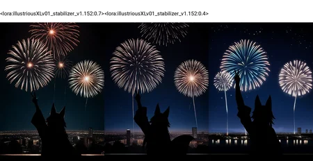 <lora:illustriousXLv01_stabilizer_v1.152:0.7>1girl,tamamo \(fate\),fox ears,upper body,from behind,arm up,v,dark,night,cityscape,fireworks,stars in sky,shadow,masterpiece,