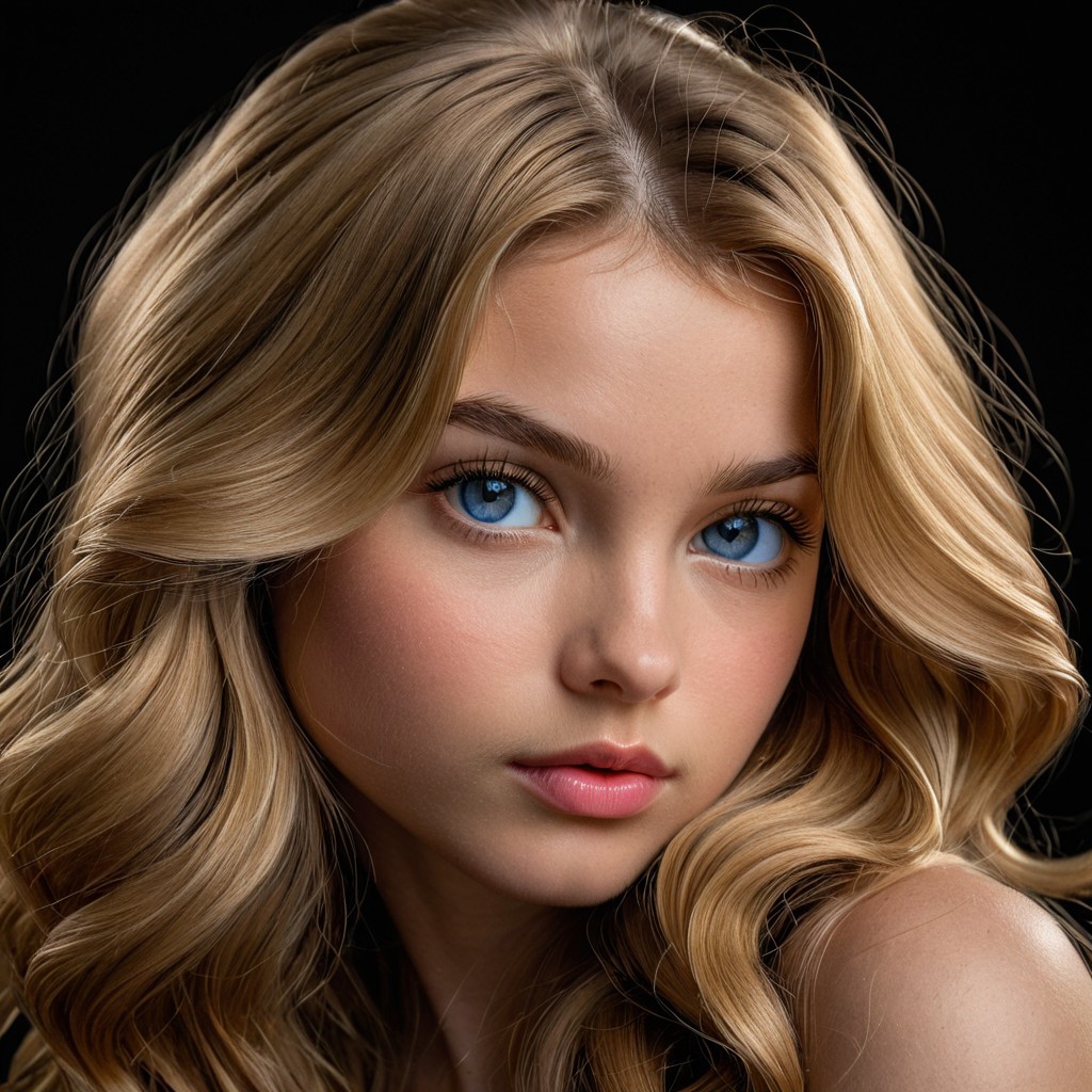 (masterpiece), (hyper detailed), (studio portrait), head and shoulders shot of a 21-year-old French-American woman, fair skin with subtle glow, caramel blonde hair parted loosely, soft large blue eyes looking down, pouty pink lips gently pressed together, neutral expression with romantic undertone, soft black background, gentle rim light outlining her features, classic beauty lighting
Perfect teeth, long wavy golden blonde hair, expressive eyes, nerissa_the_uncloaked