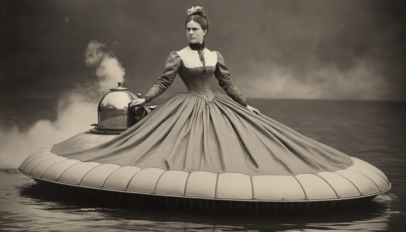 victorian sepia photograph of A woman wearing a steam powred hovercraft dress