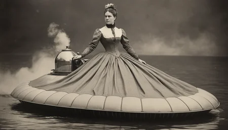 victorian sepia photograph of A woman wearing a steam powred hovercraft dress
