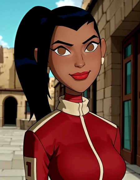 kaiOV, kaiOV outfit2, 1girl, solo, full body, dark-skinned female, blank eyes, brown eyes, long hair, ponytail, black hair, earrings, red lips, breasts, red jacket, gloves, smile, looking at viewer, suggestive, big breasts, upper body, day, sky, detailed, masterpiece,best quality,amazing quality,