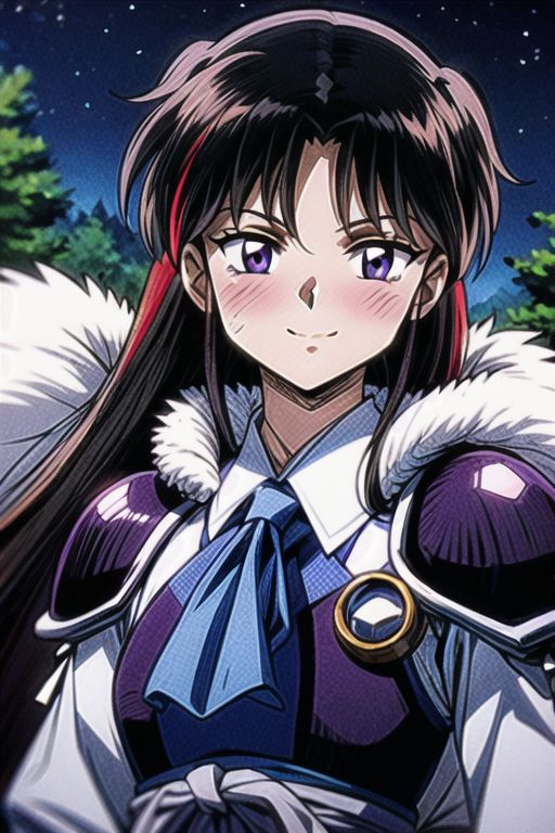 best quality 1girl Setsun4 solo long hair,  (night time) forest background black hair very long hair purple eyes multicolored hair armor, small, (fur trim) (medium body),<lora:EMS-179-EMS:0.800000>,<lora:EMS-293862-EMS:0.800000> bow, hair_bow, hair_tubes, red_bow, brown_hair, long_hair, bangs, ascot, frilled_bow, yellow_ascot, blush, smile, hair_between_eyes, athletic, armor, miko,  Smiling, happy,