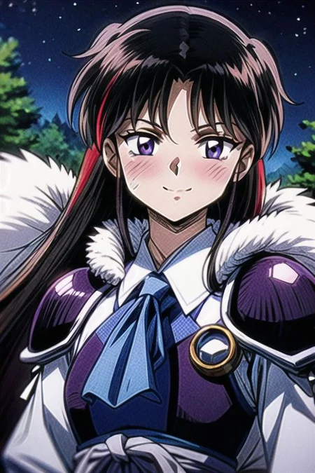 best quality 1girl Setsun4 solo long hair, (night time) forest background black hair very long hair purple eyes multicolored hair armor, small, (fur trim) (medium body),<lora:EMS-179-EMS:0.800000>,<lora:EMS-293862-EMS:0.800000> bow, hair_bow, hair_tubes, red_bow, brown_hair, long_hair, bangs, ascot, frilled_bow, yellow_ascot, blush, smile, hair_between_eyes, athletic, armor, miko, Smiling, happy,