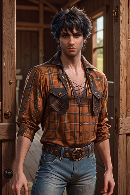 score_9, score_8_up, score_7_up, score_6_up
<lora:BGGortash:0.8>
BGGortash, 1boy, short hair, black hair, looking at viewer, leaning against a rustic barn door, wearing a flannel shirt and jeans, golden fields in the background, late afternoon light, warm and inviting mood