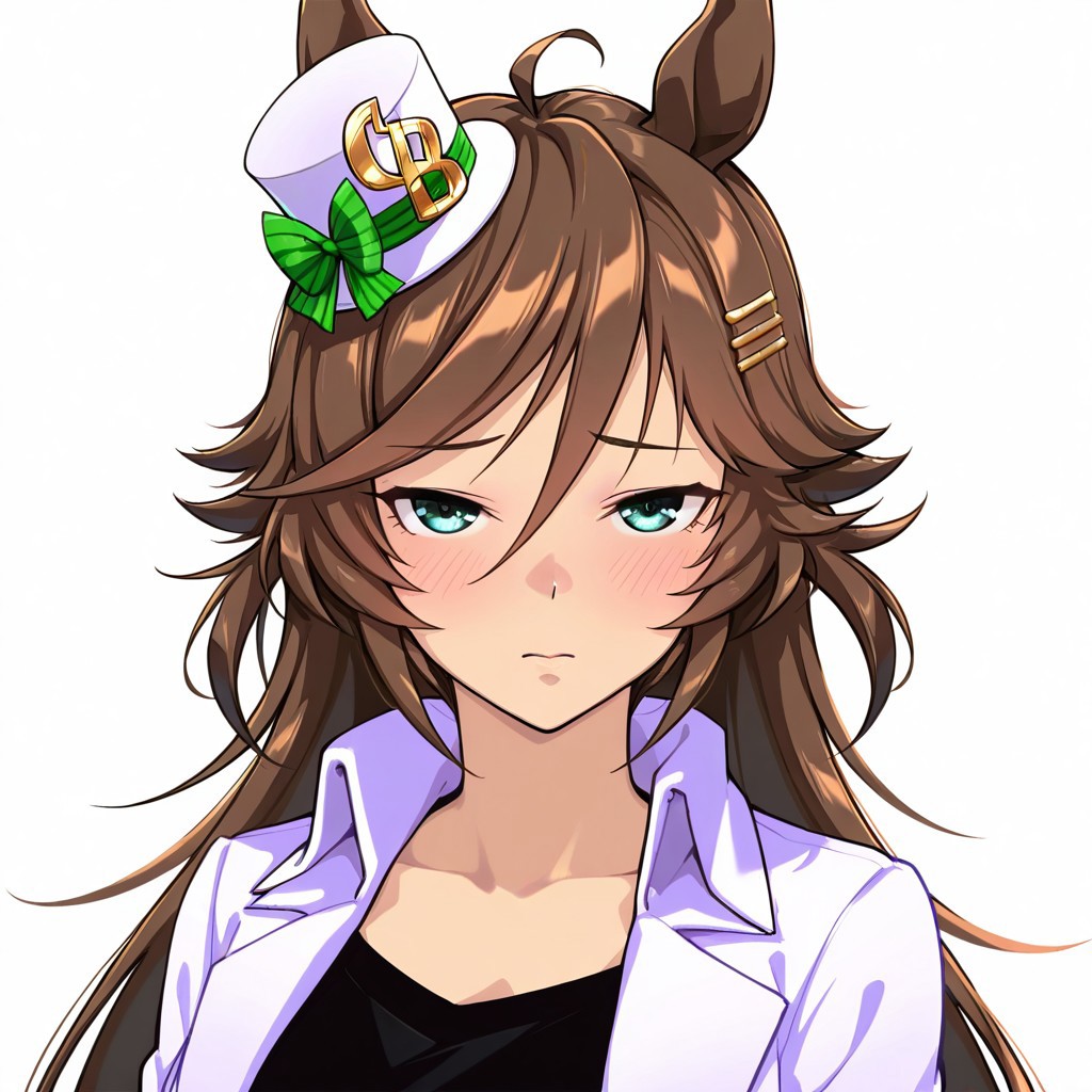 mr. c.b. \(umamusume\), 
 <lora:donburi_niku:1> d0nbr1_n1k, 1girl, solo,standing,looking at viewer, half-closed eyes, blush,background,