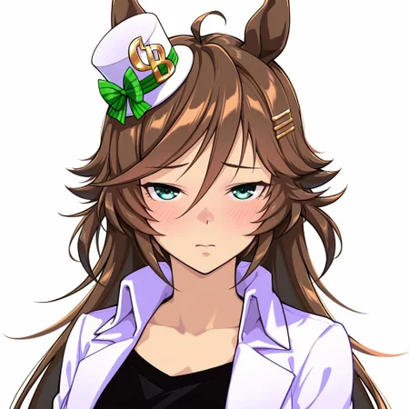 mr. c.b. \(umamusume\),
<lora:donburi_niku:1> d0nbr1_n1k, 1girl, solo,standing,looking at viewer, half-closed eyes, blush,background,