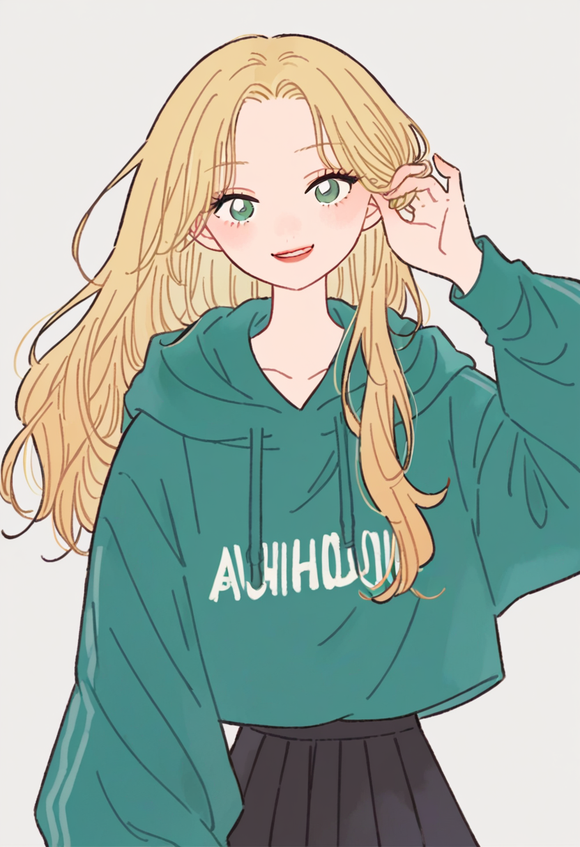 score_9, score_8_up, score_7_up, score_6_up, source_anime, <lora:rikuwo_v0.3-pony:1>
1girl, long hair, blonde hair, skirt, hoodie, adjusting hair, 
green eyes, looking at viewer, smile,