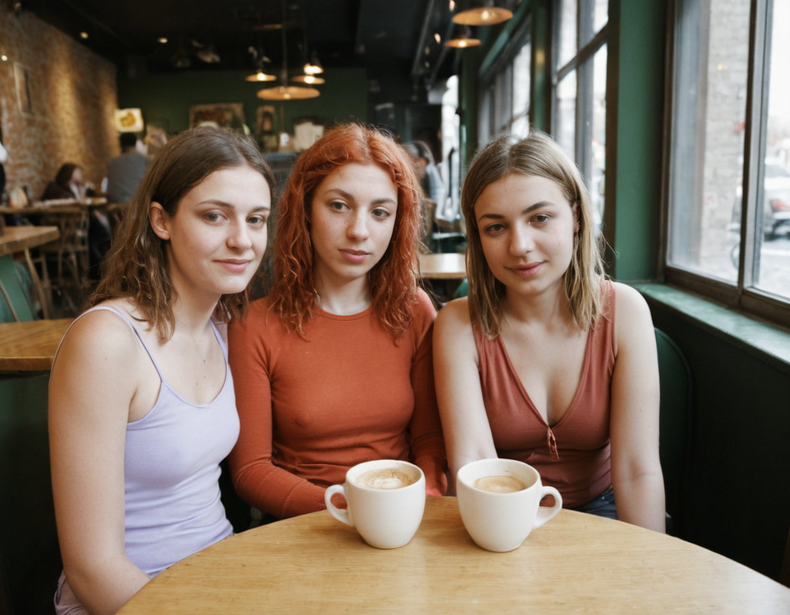multipeoplelora, 3women, sitting at table in coffeeshop, portrait
