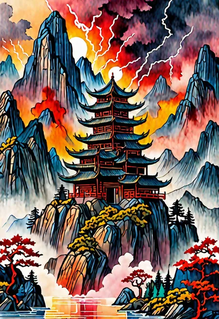score_9, score_8_up, score_8_up, ((Cinematic composition)),((masterpiece)), (resplendent lighting), absurdres, very fine detail, 8k. Deep rich colours. Chinese watercolours and ink.
a traditional Chinese landscape with mountains, a lake, stormy skies, pine trees and alien spaceships landing, invasion forces, sunset through the clouds, modern art.
<lora:sdxl_lightning_8step_lora.safetensors:1.0>, <lora:add detail xl.safetensors:1.5>