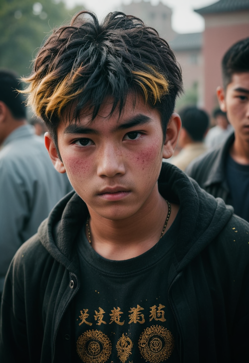 photograph, Psychotic Tangible thick Palestinian Boy, Ming Dynasty hairstyle, at College, Frightening, Bronzepunk, film grain, Canon eos 5d mark 4, Selective focus, DayGlo dust particles <lora:RMSDXL_Enhance:2> <lora:RMSDXL_Darkness_Cinema:2>