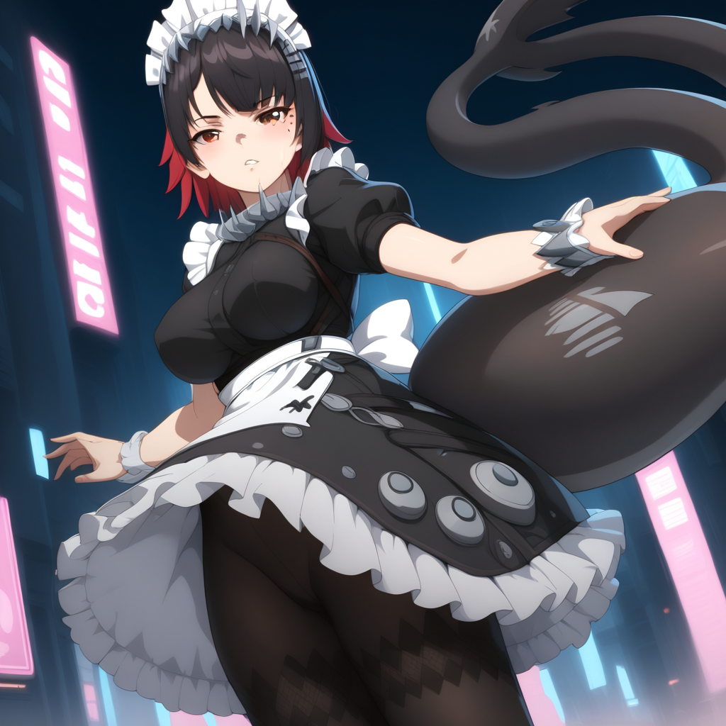 score_9, score_8_up, score_7_up,masterpiece, high quality,1girl,ellen joe,maid dress,maid headdress,black dress,wrist cuffs,puffy short sleeves,frilled dress,black pantyhose,medium breasts,shark tail,solo,standing pose,white simple background