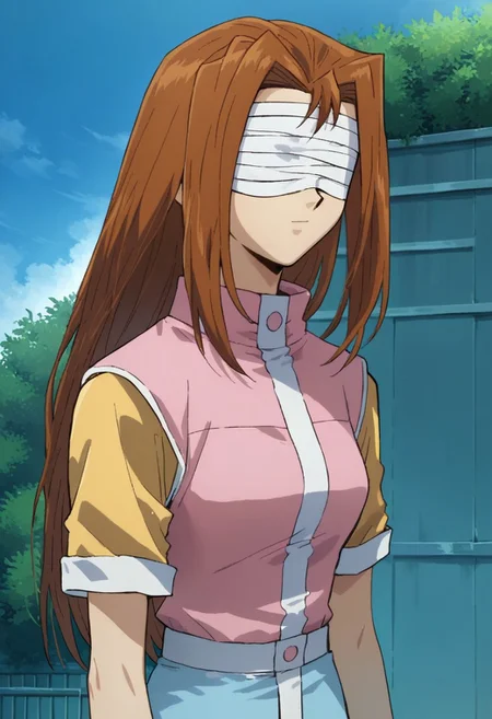 score_9, score_8_up, score_7_up
YGOSerenityWheeler, 1girl, long hair, brown hair, hair intakes, green eyes, brown eyes, yellow shirt, short sleeves, pink vest, blue shorts, bandages, white blindfold, solo, standing, upper body, outdoors