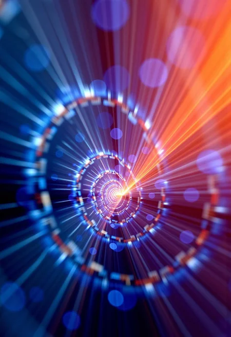 Fractals and bokeh swirl in brilliant shades of blue, purple and red. burned colors glowing with orange heat. Bands of white light dash across the canvas. High saturation and contrast. sharp lines come into focus.