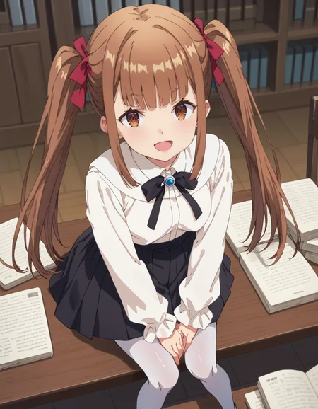 score_9, score_8_up, score_7_up, source_anime, BREAK
1girl, solo, looking at viewer, light smile, full body, blurry background, from above, indoors, guild, open mouth, paperworks, isekai, counter, book shelf,
<lora:lyra-girumasu_s1-pxl-anime-soralz:1>, lyra (girumasu), long hair, brown hair, twintails, hair ribbon, blunt bangs, sidelocks, brown eyes,
white blouse, black bowtie, jewelry, long sleeves, frills, black skirt, white pantyhose, mary janes