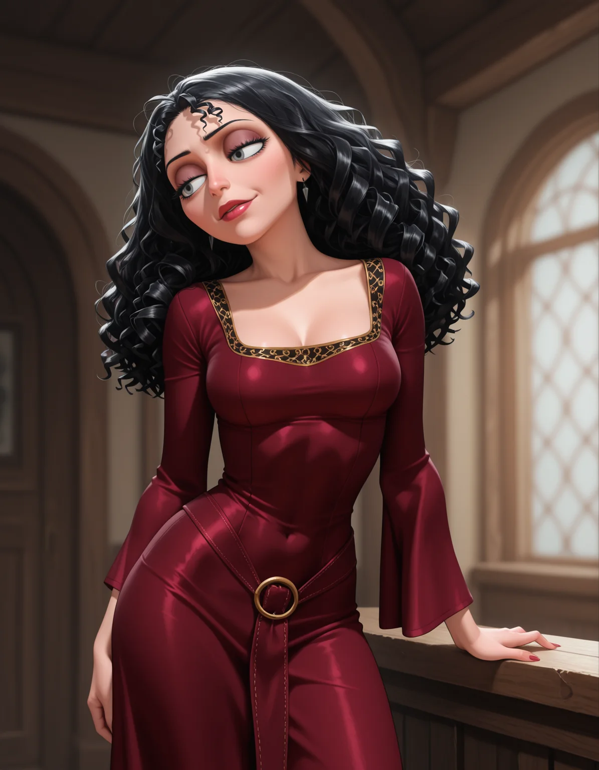 <lora:@CFG Scale Boost:0.2>
<lora:Mother_Gothel_-_Disney_Illustrious:0.9> masterpiece, best quality, amazing quality, very aesthetic, absurdres, depth of field, blurry background, extremely detailed face, detailed eyes, (official style:1.2), screencap,
gothelxd, 1girl, solo, black_hair, curly hair, long hair, mature_female, medium breasts, grey_eyes, makeup,
burgundy_dress, loose sleeves,
sexy, seductive, contrapposto,