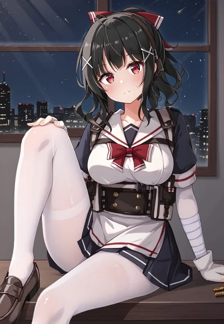 GShMod3, black hair, x hair ornament, red eyes, ponytail, bangs, headset, 

white gloves, medium breasts, white pantyhose, bandaged arm, red bow, white apron, fingerless gloves, holster, short sleeves, hairclip, long hair, sidelocks, hair ribbon, sailor collar, black skirt, ammunition pouch,

looking at viewer, head tilt, closed mouth, sitting, knee up, leg up,

window, city, cityscape, dark, night, night sky,

1girl, solo, solo focus, highres, absurdres, light particles, shade, lens flare, shiny skin, fine fabric emphasis,
