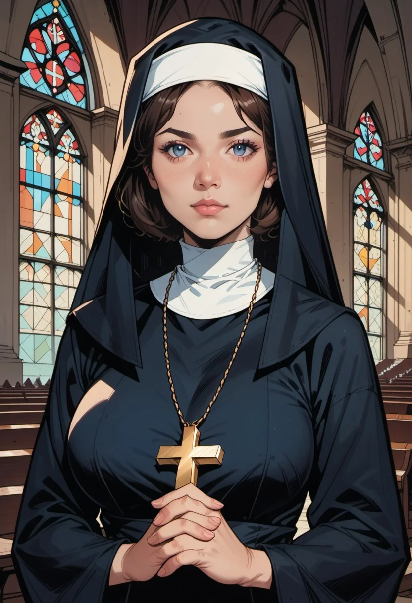 score_9, score_8_up, score_7_up, source_anime, 1woman, mature, human female, human, detailed face, jawline, smooth skin, beige skin, beautiful eyes, blue eyes, brunette, big breasts, bob cut hair, nun, habit, long sleeves, dress, black dress, jewelry, black veil, cross, cross necklace, church,