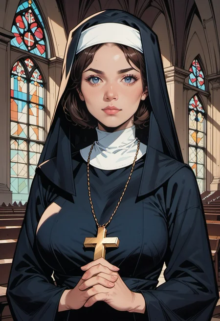 score_9, score_8_up, score_7_up, source_anime, 1woman, mature, human female, human, detailed face, jawline, smooth skin, beige skin, beautiful eyes, blue eyes, brunette, big breasts, bob cut hair, nun, habit, long sleeves, dress, black dress, jewelry, black veil, cross, cross necklace, church,