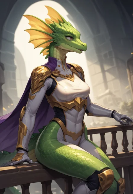 score_9, score_8_up, score_7_up, source_cartoon, SFW, ((anthropomorphic dragon)), female, source_furry, ((Oneprostethicarmright, prosthetic right forearm)):1.4, (1woman, anthro dragon), (((bright green scales, two toned green body scales, glossy scales))), purple irises, extremely detailed, large nostrils, full seductive lower lip, extremely detailed, ((very large head fins)):1.3, (((one tall blue head spike, yellow back spikes))), detailed body scales, strong athletic body, small athletic breasts, toned arms, toned legs, long tail, feminine body, extreme detailed, thin waist, wide hips, (((silver plugsuit))), sci-fi, Parted lips, seductive expression, outside, resting against railing, sunny day, ((masterpiece)) (dynamic lighting:1.1) ((masterpiece)) godrays , (dynamic battle), (action pose) (explosions in the background), holding a Katana, very heroic, wearing purple cape on her back, holding one katana, jump, attack from above, dynamic pose, swipe effect, action shot, vibrant colors and meticulous textures throughout, shallow depth of field, vignette, highly detailed, bokeh, moody, epic, gorgeous, film grain, grainy, white and silver plugsuit, detailed sci-fi background, extreme detailed, ( (dynamic lighting:1.1) ((masterpiece)) (dynamic lighting:1.1) ((masterpiece)) godrays, (highly detailed:1.2), (intricate:1.2), (best quality:1.2),(8k:1.2), (sharp:1.2), (majestic:1.2), natural lighting, detail++,