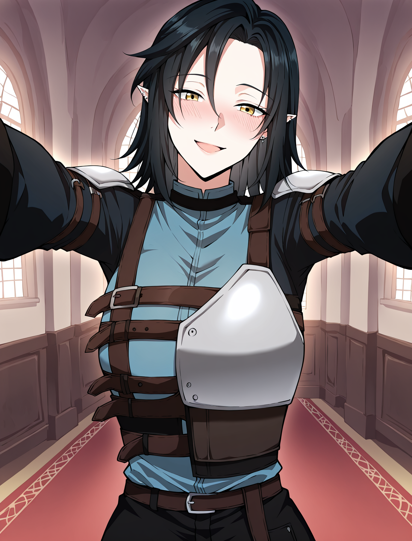 <lora:Helen_Shard__The_Beginning_After_the_End__Illustrious:1>
1 girl, solo, elf, pointy ears, black hair, medium hair, yellow eyes, blue shirt, pants, fingerless gloves, armor, shoulder armor, belt, ear piercing,
shirt, long sleeves, blue shirt, black shirt, black pants, earrings
score_9, score_8_up, score_7_up, score_6_up, source_anime, rating_explicit, 1girl, solo, smile, embarrassed, alcalose eyes, open mouth, mansion, indoors, looking at viewer, outstretched arms, pov, close-up, (head tilt:1.2)