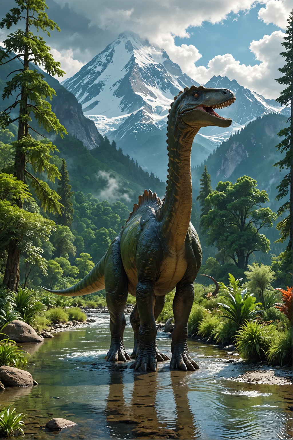 A serene forest scene, a colossal and gigantic long-necked dinosaur standing in a shallow stream, the dinosaur has a graceful towering neck and a curious expression, The surrounding landscape includes lush greenery and tall trees and a backdrop of majestic snow-capped mountains under a partly cloudy sky, tranquility and prehistoric wonder, insane details, <lora:MJ52:0.4>, <lora:SDXLFaeTastic2400:0.4>, <lora:add-detail-xl:1>, <lora:volumetric lighting:0.6>, <lora:zavy-cntrst-sdxl:0.5>, <lora:CinematicStyle_v1:0.5>