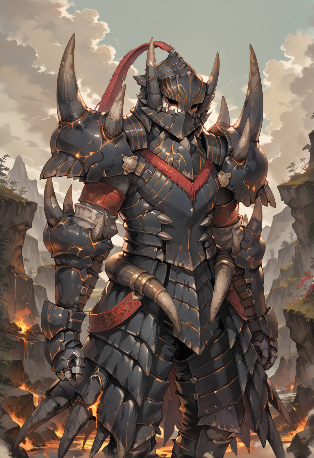 (score_9:0.9),score_8_up,score_7_up,rating_safe,anime style,(zPDXL),<lora:Akantor armor - male ponyXL v1:0.8>,akantor armor,solo,full armor,male focus,1boy,black helmet,standing,black shoulder armor,black gauntlets,black armor skirt,red feather,covered face,molten rock,