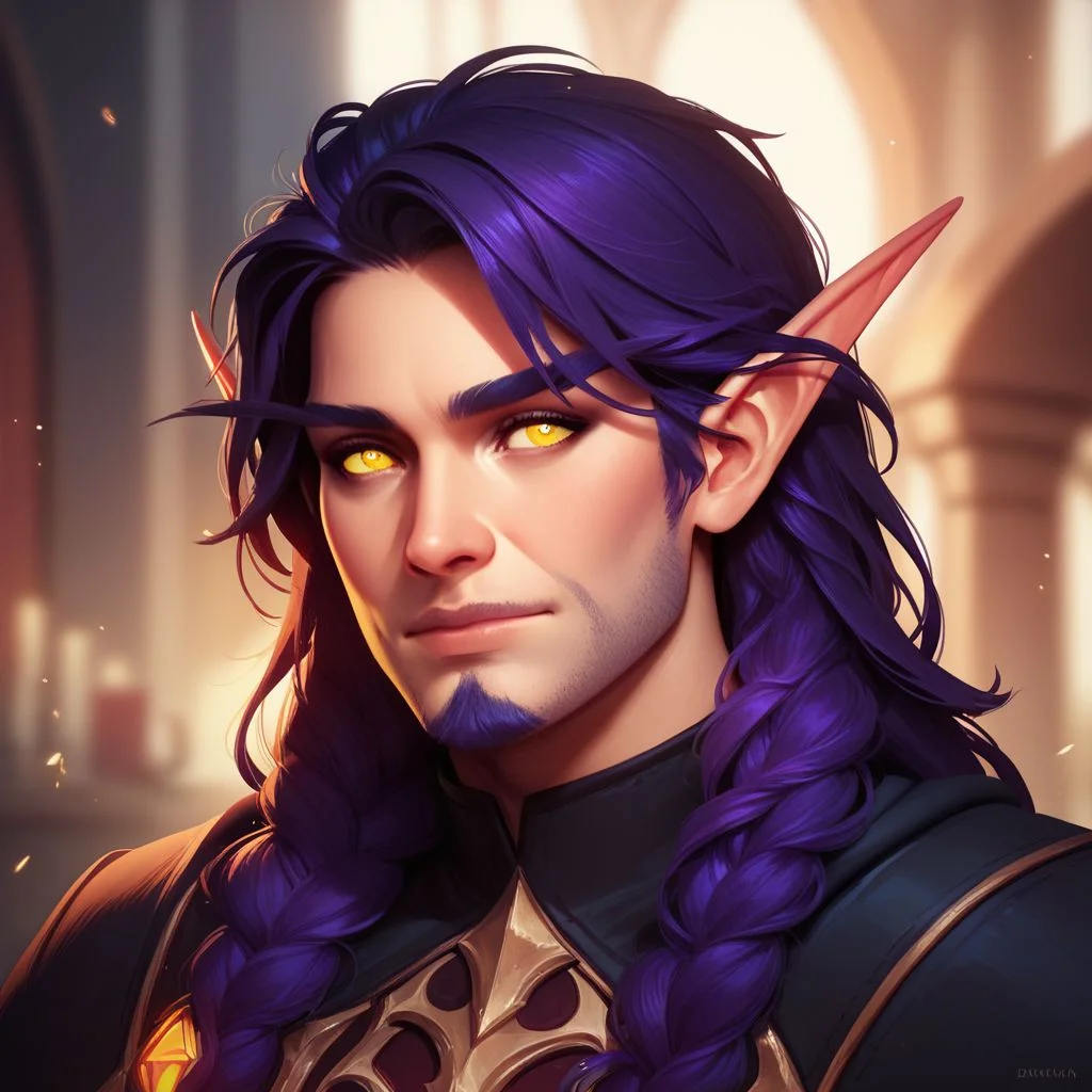 score_9, score_8_up, 8, score_7_up, score_6_up, (dynamic lighting:1.1), ((masterpiece)), solo, portrait, 
(((beautiful, hyper realistic, high quality))), portrait, score_9, score_8_up, score_7_up, 
Elf, Pointed ears, Long eyebrows, 1boy, purple long hair, beard, yellow eyes, Fantasy black mantle,
fantasy background, blurred background