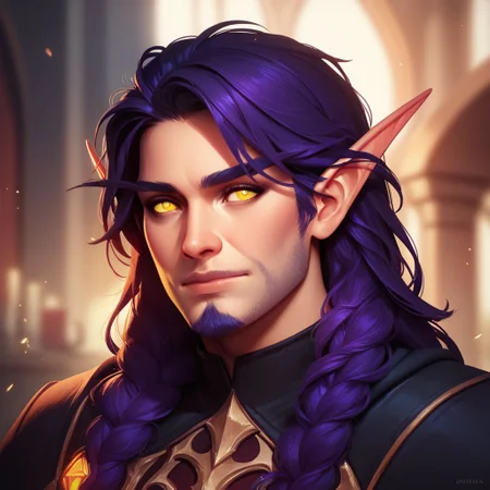 score_9, score_8_up, 8, score_7_up, score_6_up, (dynamic lighting:1.1), ((masterpiece)), solo, portrait, 
(((beautiful, hyper realistic, high quality))), portrait, score_9, score_8_up, score_7_up, 
Elf, Pointed ears, Long eyebrows, 1boy, purple long hair, beard, yellow eyes, Fantasy black mantle,
fantasy background, blurred background