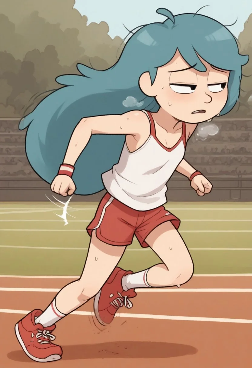 score_8, score_8_up, score_7_up, score_6_up, source_cartoon, BREAK, 1girl, solo, hilda, long hair, blue hair, black eyes,, petite,, , , , messy hair, , half closed eyes, heavy sweating, heavy breathing, motion lines, solo, female focus, white camisole, red tennis shorts, sneakers, socks, athletics field, running, sprinting, outdoors, full body, flat chest, prefect anatomy,