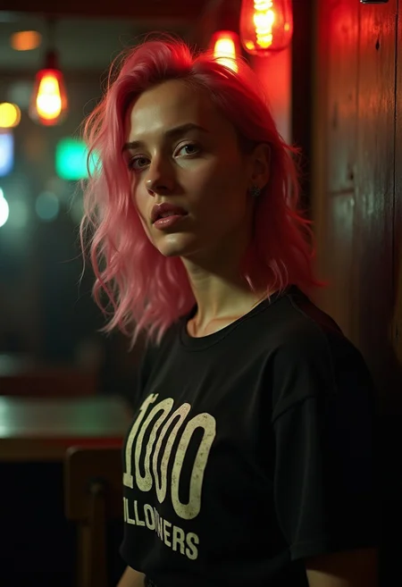 **"A hyper-realistic, candid cinematic portrait in the raw, documentary-style of **Peter Lindbergh** and **Boogie**, capturing a fleeting, intimate moment. A **young Dutch woman with pink hair**, naturally beautiful with **textured, radiant skin**, is caught mid-movement in the **gritty, dimly lit atmosphere of a dark and dangerous London pub at night**.
The shot is **unposed and spontaneous**, taken from a slightly **low, off-center angle**, as if captured in passing—giving it a true **candid energy**. Her **expression is sultry yet distant**, her **closed lips hinting at something unspoken**, as she exhales softly, her gaze drifting beyond the frame, as she looks into the camera. **Warm, flickering pub lights** reflect in her eyes, subtly illuminating her **34DD tits**, accentuated by the tight fit of her **vintage "1000 Followers" rock band tee, loosely knotted above her high-waisted leather shorts**. The **thigh-high socks complete her effortlessly rebellious look**, a nod to underground rock culture.
The atmosphere is **gritty and immersive**, with a shallow depth of field blurring out silhouettes of **shadowy figures drinking and smoking in the background**, their murmurs lost in the hum of the night. The **air is thick with cigarette smoke and the smell of whiskey**, while a faint neon glow from the bar sign spills across the wooden floors.
Shot on an **ARRI ALEXA 65** with **Porta 160 color grading**, this award-winning photograph blends **soft cinematic light with dramatic shadows**, creating an almost **dreamlike, intimate mood**. The **low contrast, exposure blending, and detailed filmic grain** add to the realism, processed meticulously in **Adobe Lightroom and Photolab** to maintain **insane details and hyper-realistic textures**. The result is an image that feels **effortless, immersive, and charged with raw emotion—capturing a moment that wasn’t meant to be captured.**"