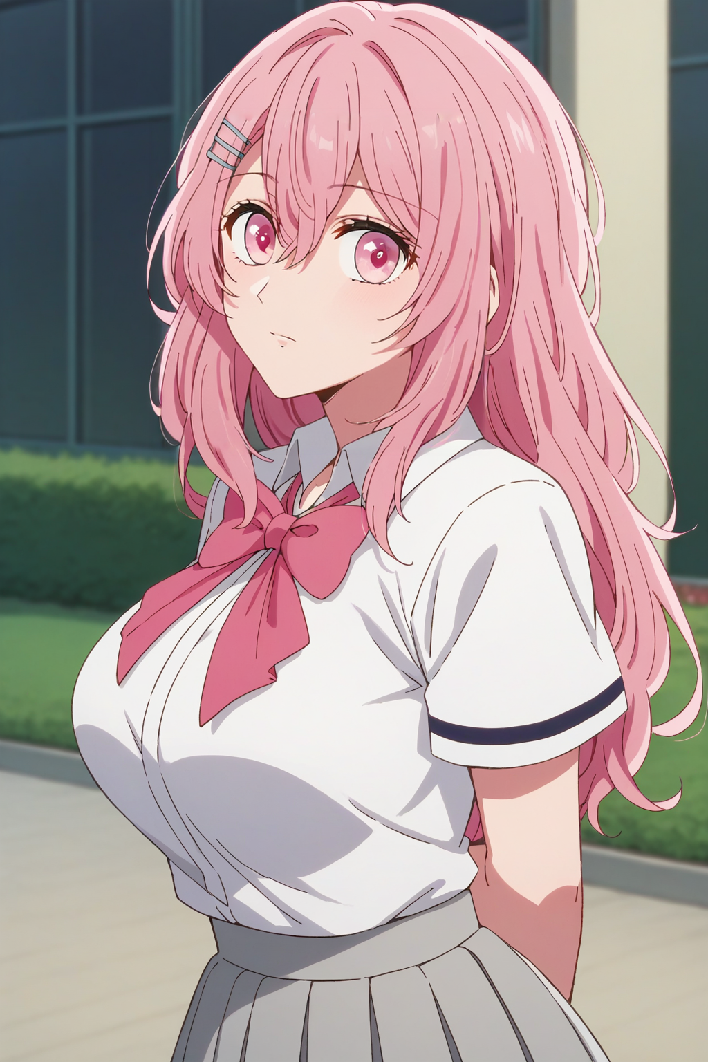 score_9, score_8_up, score_7_up, source_anime, 1girl, prefect lighting, very aesthetic, intricate details, highly detailed background, masterpiece, high quality, prefect hands, best quality, solo,
<lora:Minami_Kotobuki_Oshi_No_Ko_V1:.85>, KJOminami, long hair, pink hair, pink eyes, hair between eyes, hair pim,
school uniform, white collared shirt, short sleeves, grey skirt, pink bowtie, 
arms behind back, leaning forward, head tilt, confused, looking at viewer, from side, 
courtyard, school in background, outside,
(Beautiful, large Breasts:1.2), natural breasts,