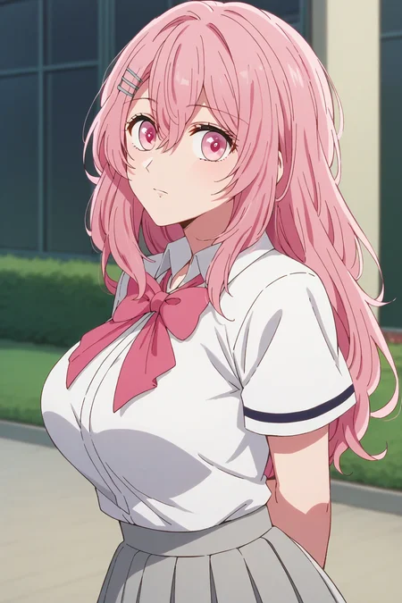 score_9, score_8_up, score_7_up, source_anime, 1girl, prefect lighting, very aesthetic, intricate details, highly detailed background, masterpiece, high quality, prefect hands, best quality, solo,
<lora:Minami_Kotobuki_Oshi_No_Ko_V1:.85>, KJOminami, long hair, pink hair, pink eyes, hair between eyes, hair pim,
school uniform, white collared shirt, short sleeves, grey skirt, pink bowtie, 
arms behind back, leaning forward, head tilt, confused, looking at viewer, from side, 
courtyard, school in background, outside,
(Beautiful, large Breasts:1.2), natural breasts,