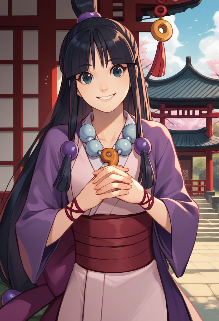score_9, score_8_up, score_7_up, source_anime, solo, 1girl, maya fey, smile, looking at viewer, own hands together, half updo, hair ornament, japanese clothes, kimono, sash, necklace, magatama, outdoors, east asian architecture <lora:aa_mayafey_ponyXL:1>