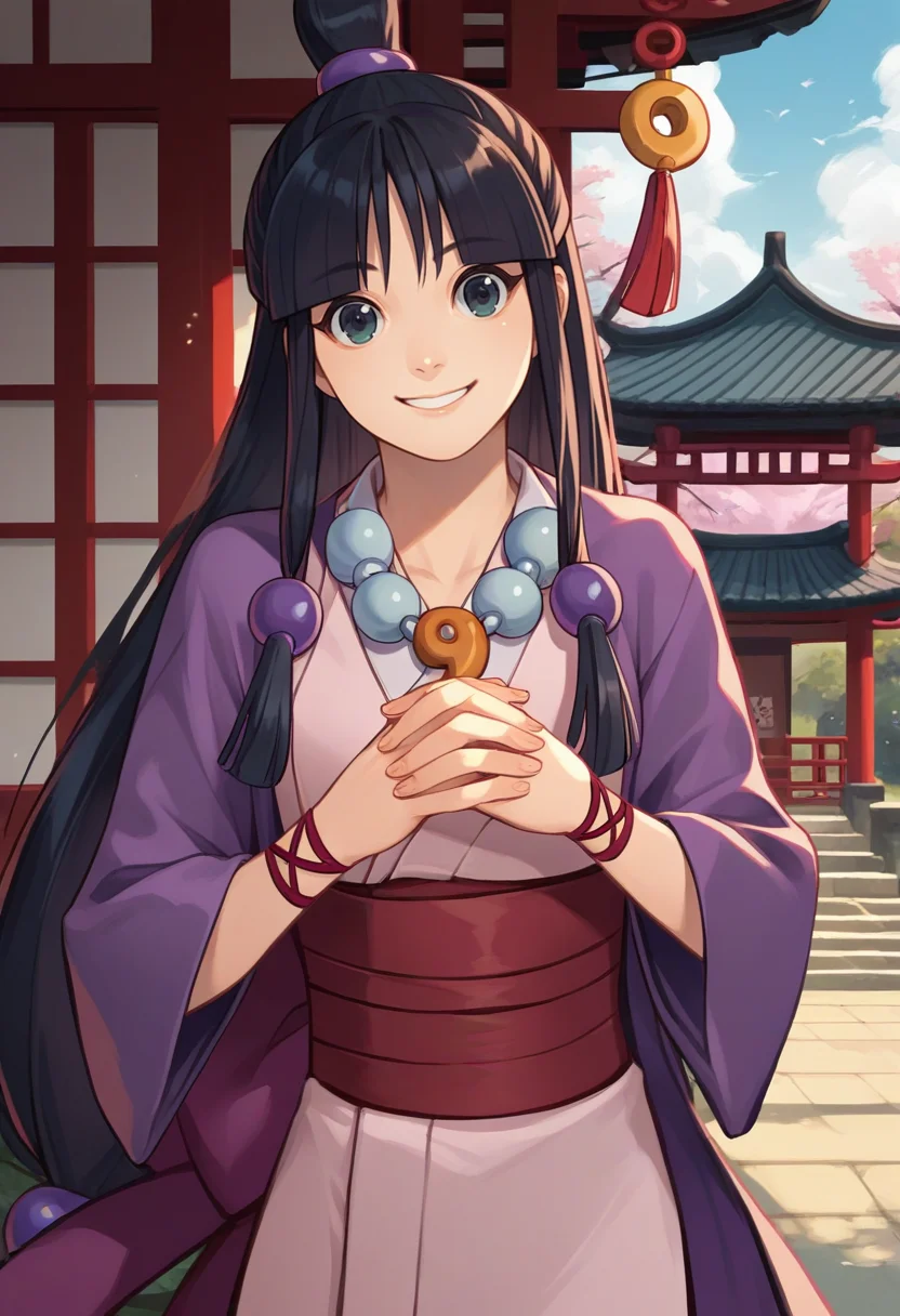 score_9, score_8_up, score_7_up, source_anime, solo, 1girl, maya fey, smile, looking at viewer, own hands together, half updo, hair ornament, japanese clothes, kimono, sash, necklace, magatama, outdoors, east asian architecture <lora:aa_mayafey_ponyXL:1>